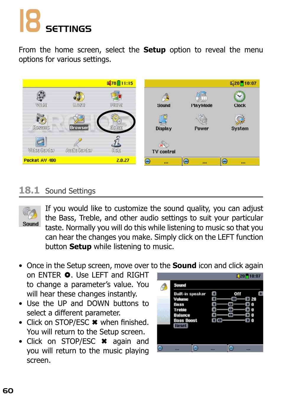 18 settings, 1 sound settings | ARCHOS AV420 User Manual | Page 60 / 80