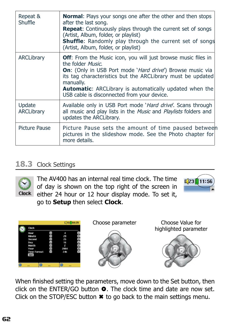 3 clock settings | ARCHOS AV420 User Manual | Page 62 / 80
