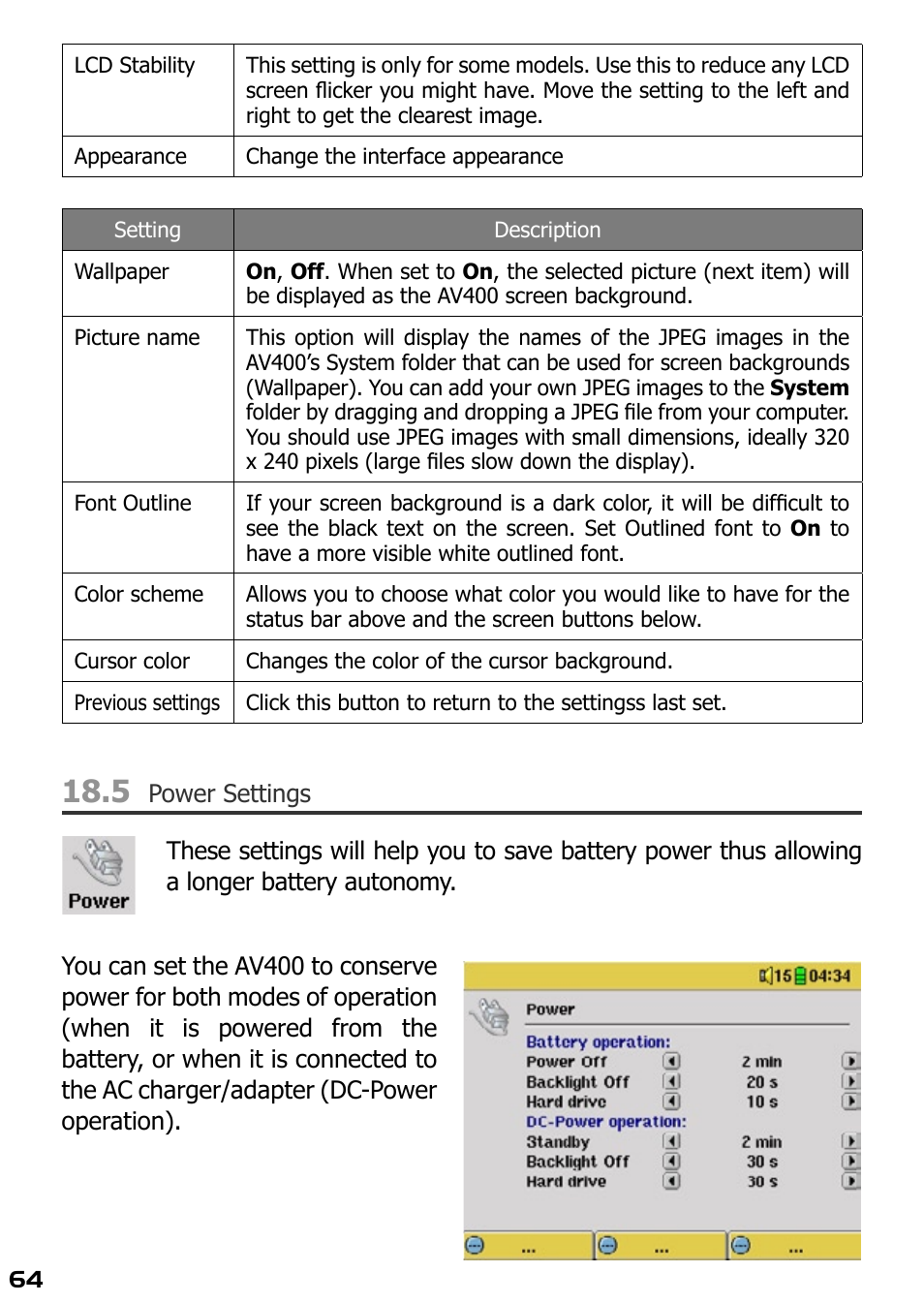 5 power settings | ARCHOS AV420 User Manual | Page 64 / 80