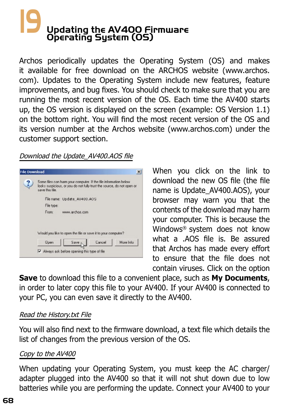 Download the update_av400.aos file, Read the history.txt file, Copy to the av400 | ARCHOS AV420 User Manual | Page 68 / 80