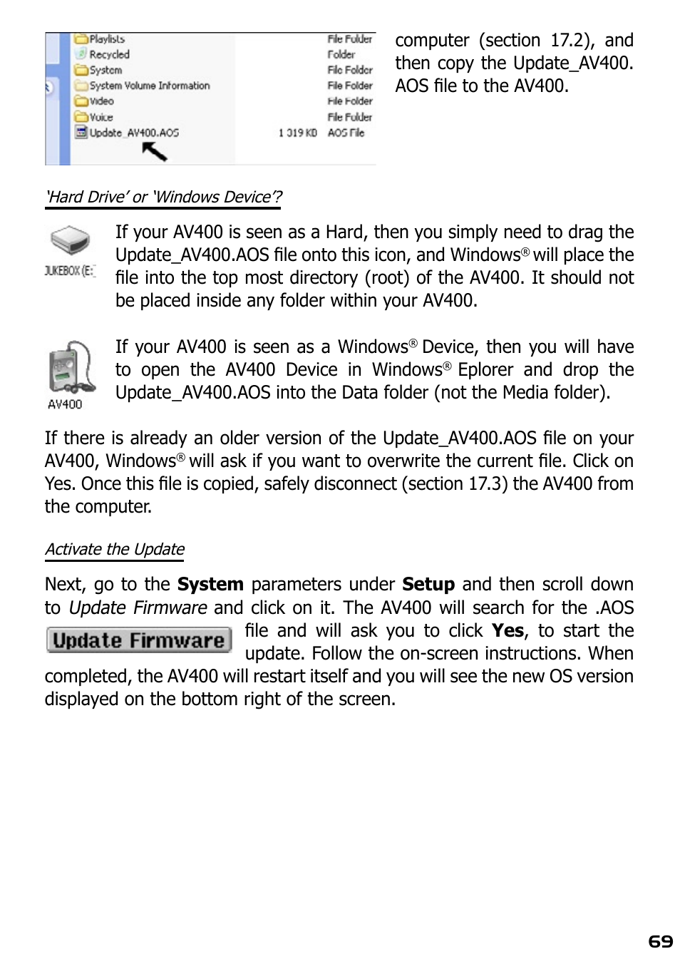 Hard drive’ or ‘windows device, Activate the update | ARCHOS AV420 User Manual | Page 69 / 80