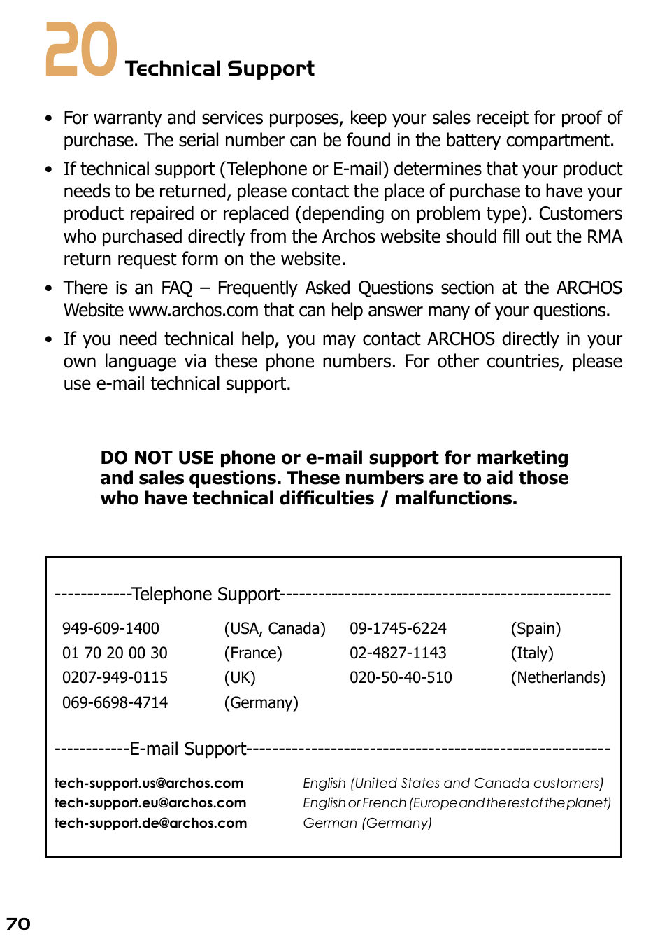 20 technical support, Technical support | ARCHOS AV420 User Manual | Page 70 / 80