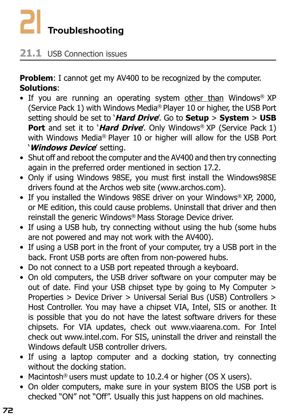 21 troubleshooting, 1 usb connection issues, Troubleshooting 21.1 | ARCHOS AV420 User Manual | Page 72 / 80
