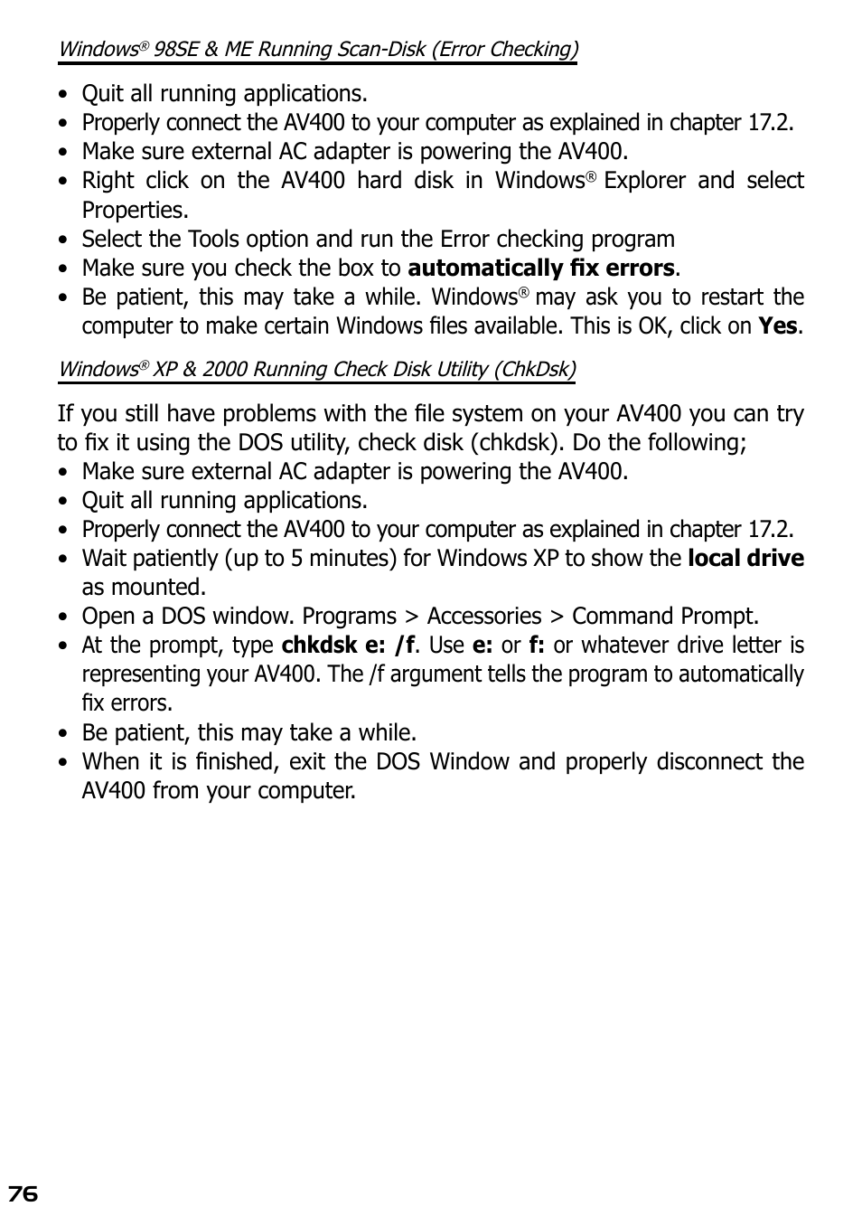 Windows, 98se & me running scan-disk (error checking), Xp & 2000 running check disk utility (chkdsk) | ARCHOS AV420 User Manual | Page 76 / 80
