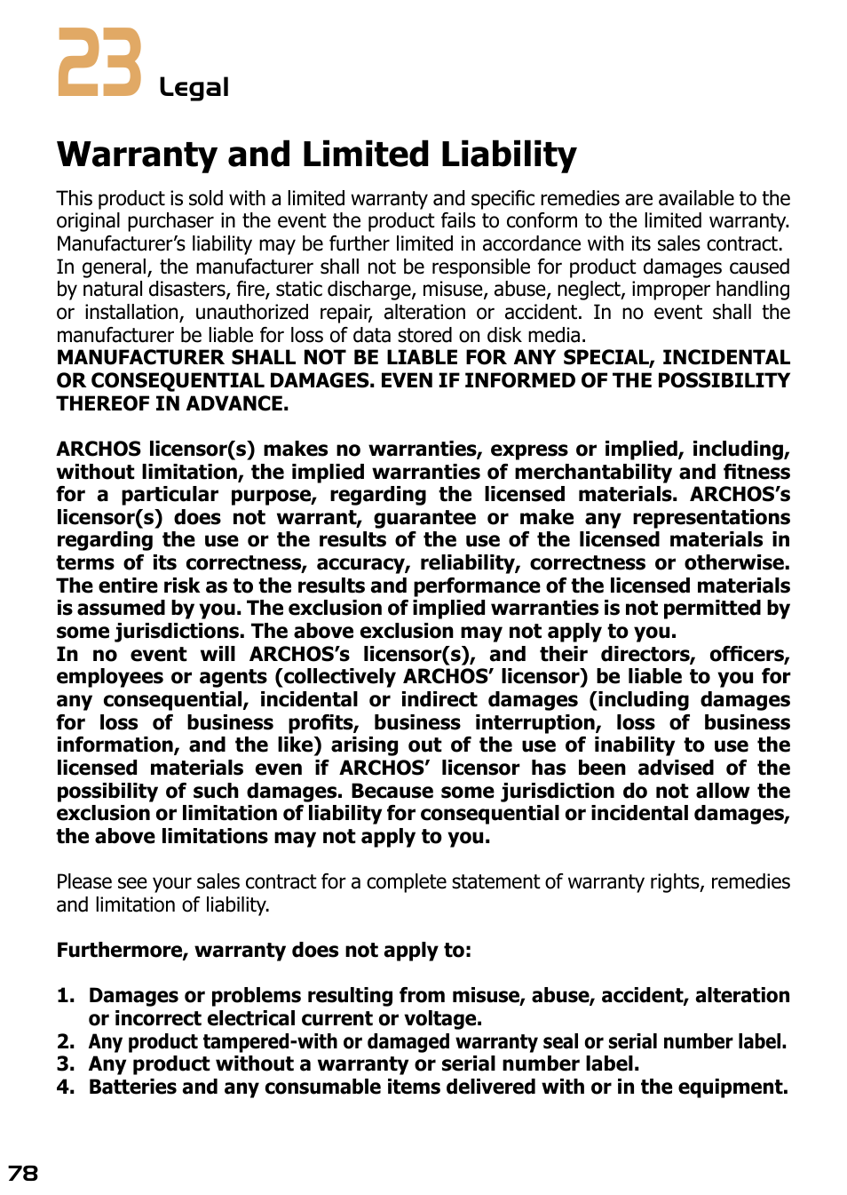 23 legal, Warranty and limited liability, Legal | ARCHOS AV420 User Manual | Page 78 / 80