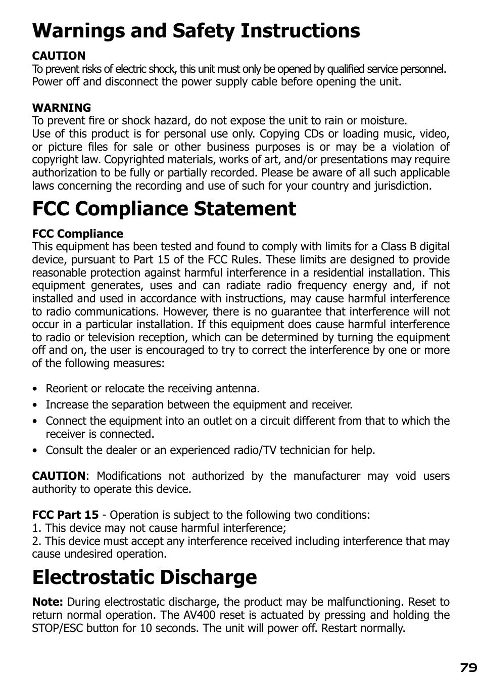 Warnings and safety instructions, Fcc compliance statement, Electrostatic discharge | ARCHOS AV420 User Manual | Page 79 / 80