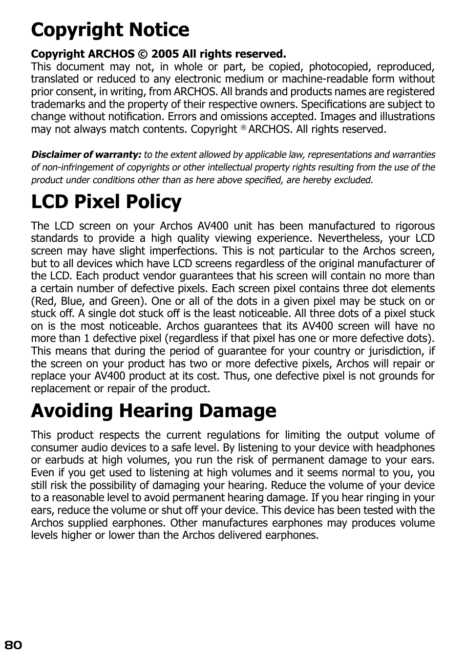 Copyright notice, Lcd pixel policy, Avoiding hearing damage | ARCHOS AV420 User Manual | Page 80 / 80