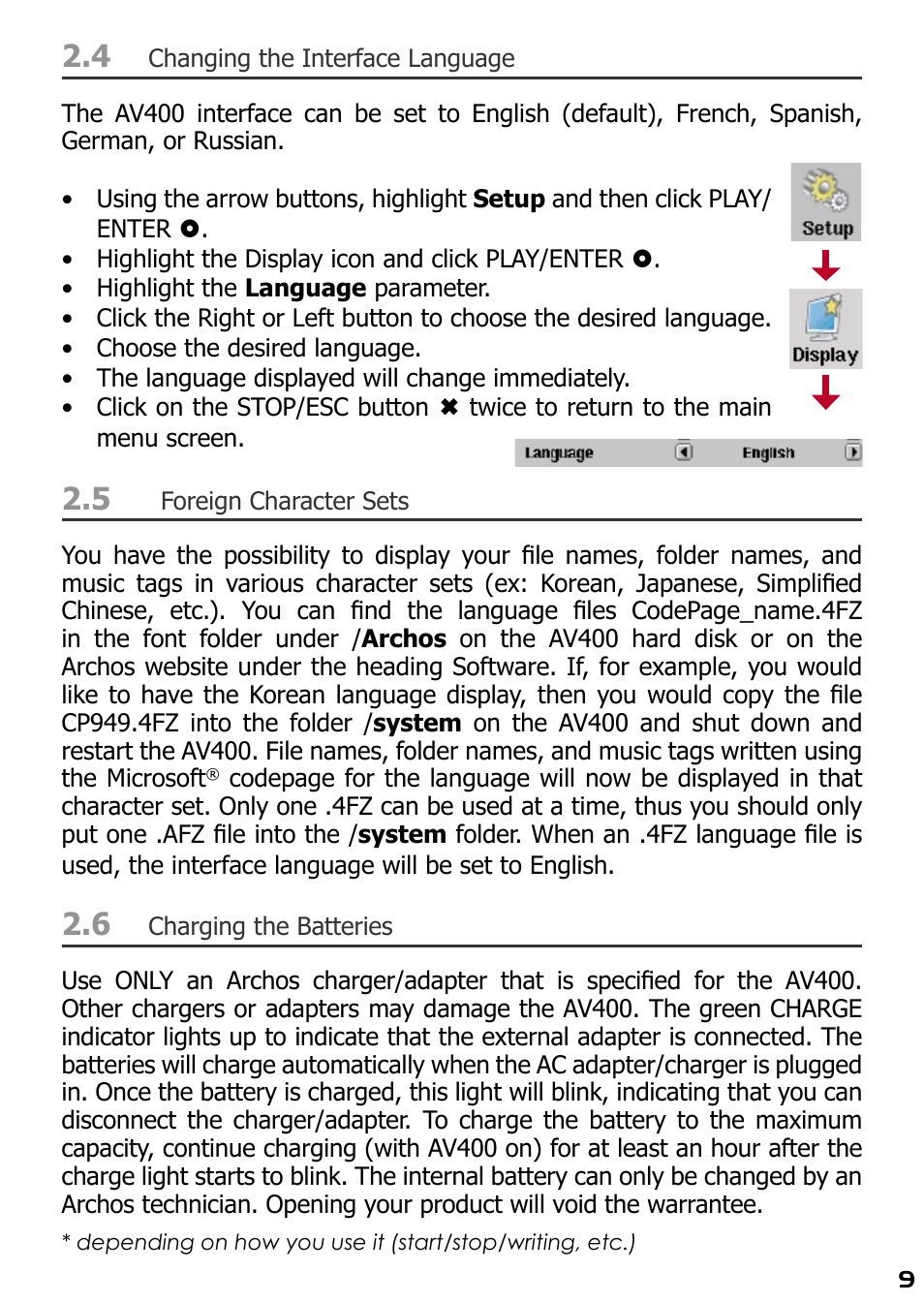 Changing the interface language, Foreign character sets, Charging the batteries | ARCHOS AV420 User Manual | Page 9 / 80