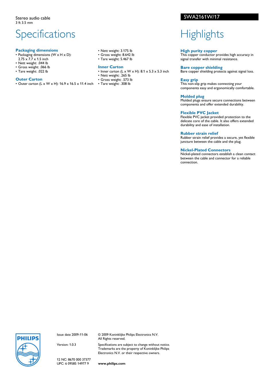 Specifications, Highlights | Philips SWA2161W-17 User Manual | Page 2 / 2