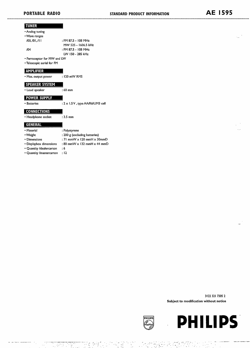 Philips, Ae 1595 | Philips AE1595-17 User Manual | Page 2 / 2