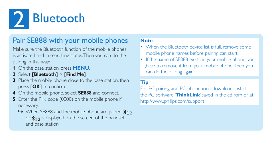 Bluetooth, Pair se888 with your mobile phones | Philips SE8881B-22 User Manual | Page 7 / 12