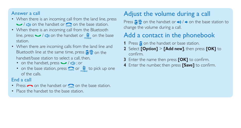 Adjust the volume during a call, Add a contact in the phonebook | Philips SE8881B-22 User Manual | Page 9 / 12