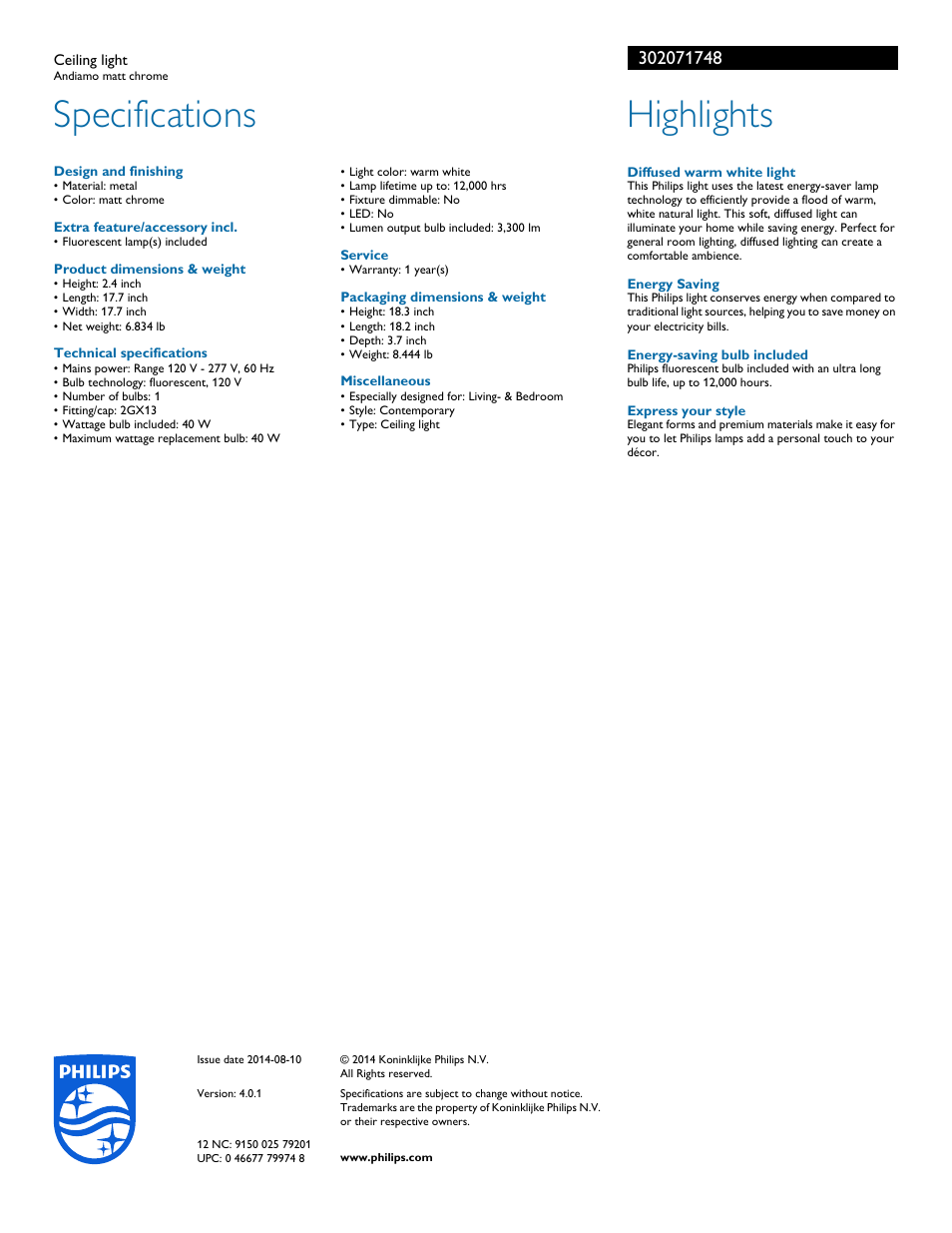 Specifications, Highlights | Philips 302071748 User Manual | Page 2 / 2