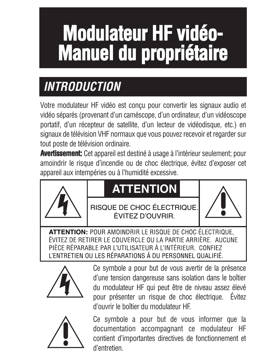 Modulateur hf vidéo- manuel du propriétaire, Introduction, Attention | Philips SWS2103W-17 User Manual | Page 17 / 24