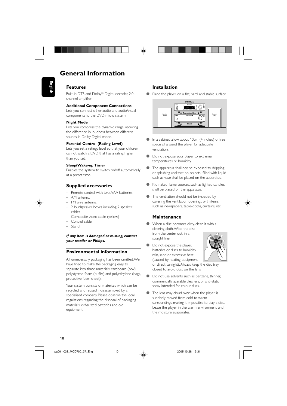 General information, Features, Supplied accessories | Environmental information, Installation, Maintenance | Philips MCD700-37B User Manual | Page 10 / 38