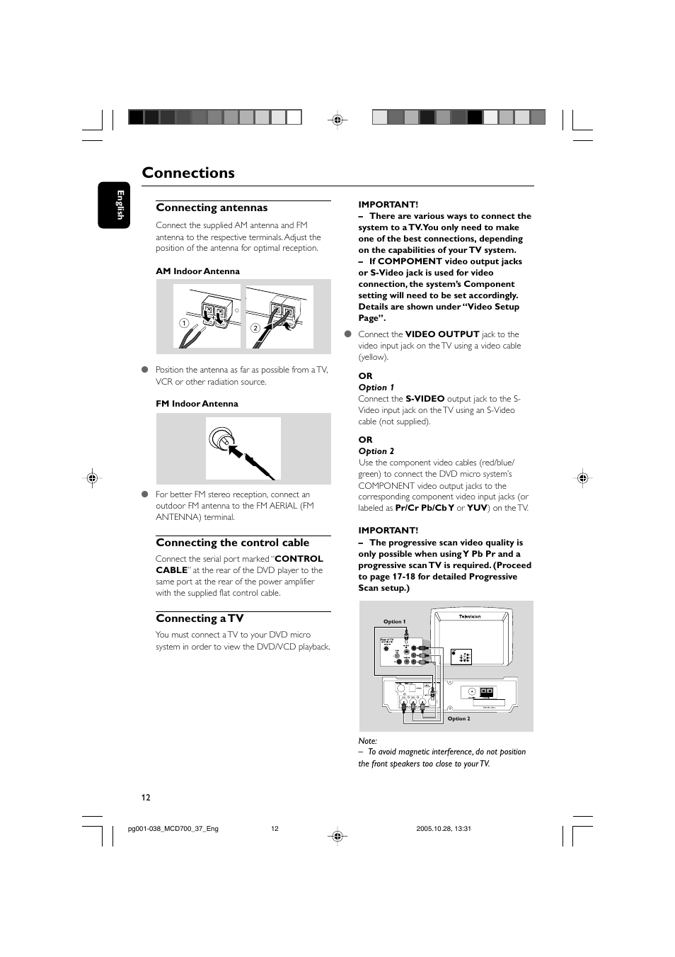 Connections, Connecting antennas, Connecting the control cable | Connecting a tv | Philips MCD700-37B User Manual | Page 12 / 38