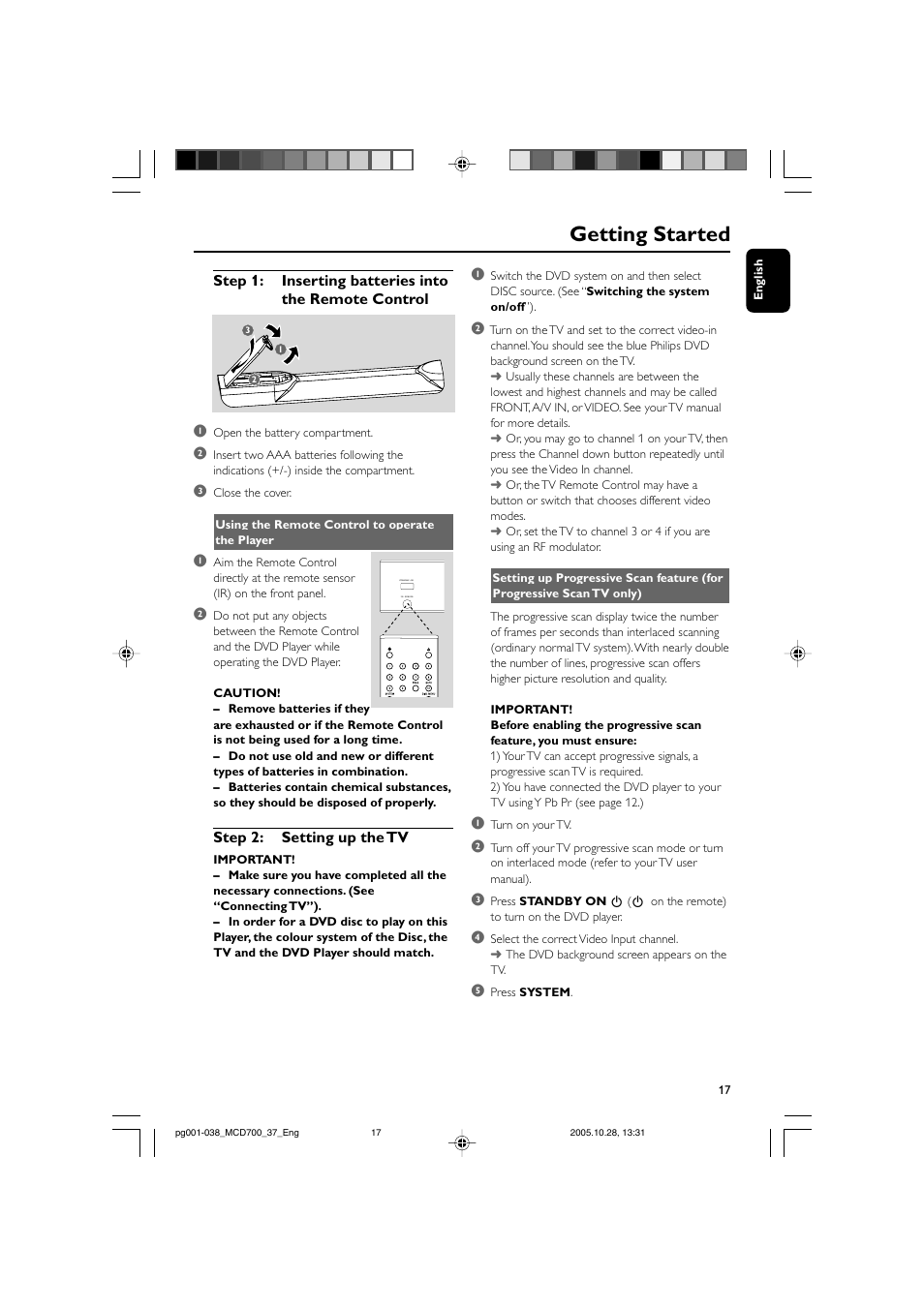 Getting started, Step 2: setting up the tv | Philips MCD700-37B User Manual | Page 17 / 38