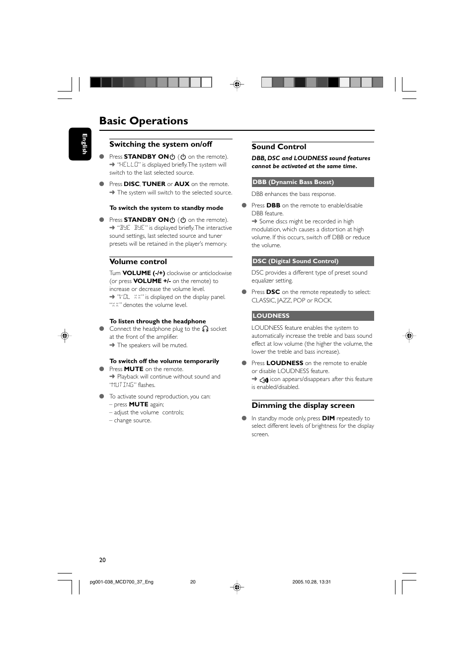 Basic operations, Switching the system on/off, Volume control | Sound control, Dimming the display screen | Philips MCD700-37B User Manual | Page 20 / 38