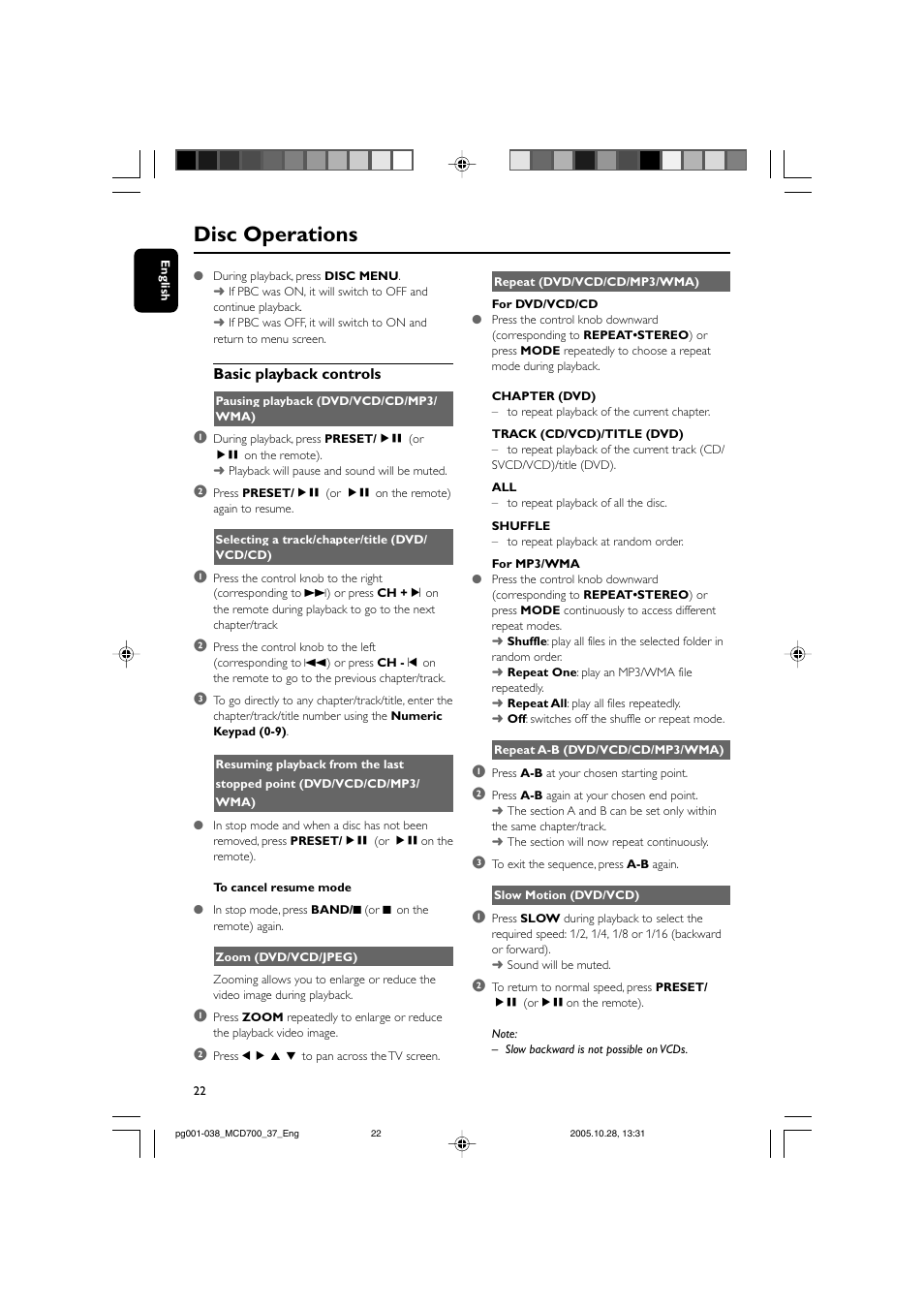 Disc operations, Basic playback controls | Philips MCD700-37B User Manual | Page 22 / 38