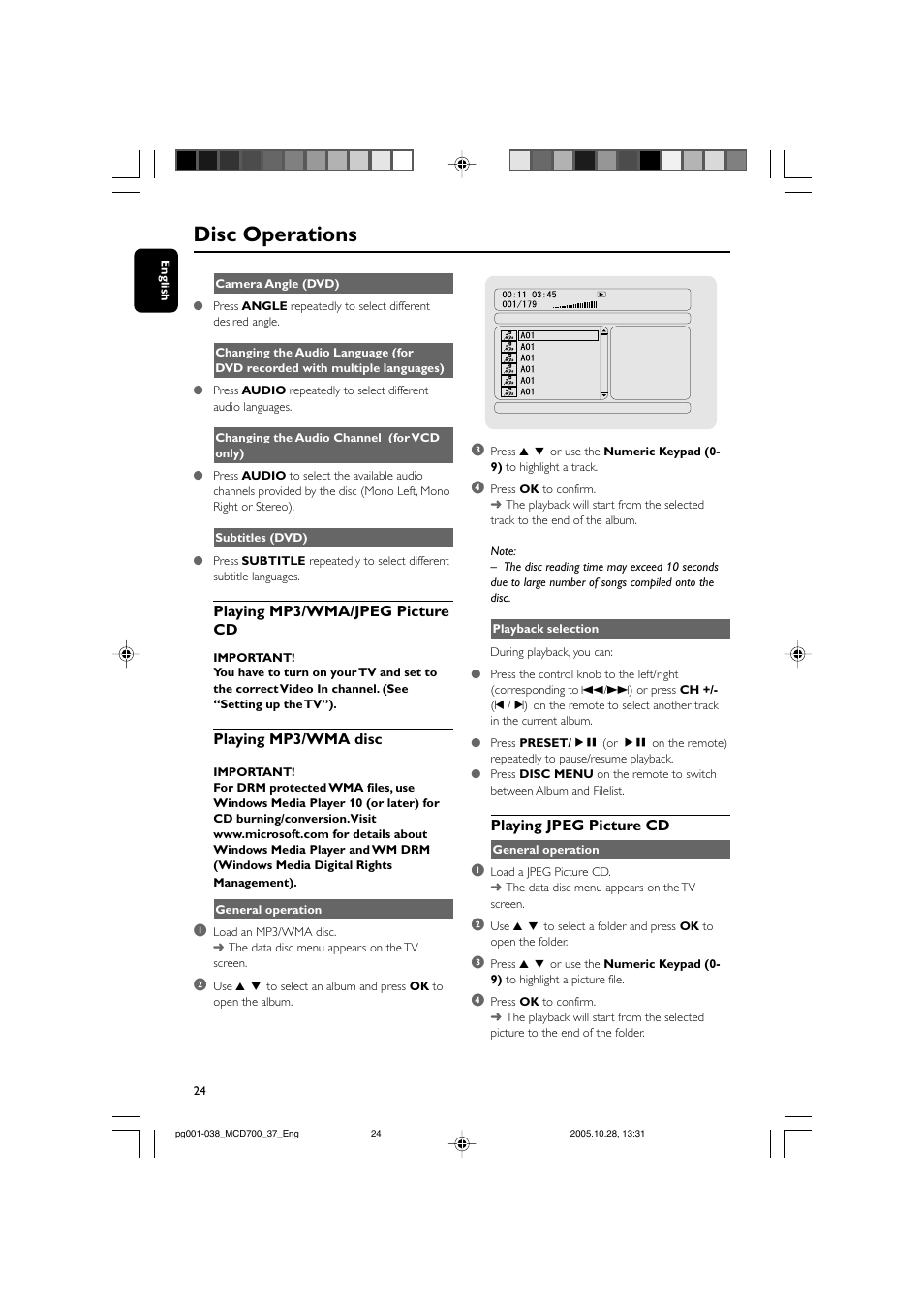 Disc operations, Playing mp3/wma/jpeg picture cd, Playing mp3/wma disc | Playing jpeg picture cd | Philips MCD700-37B User Manual | Page 24 / 38