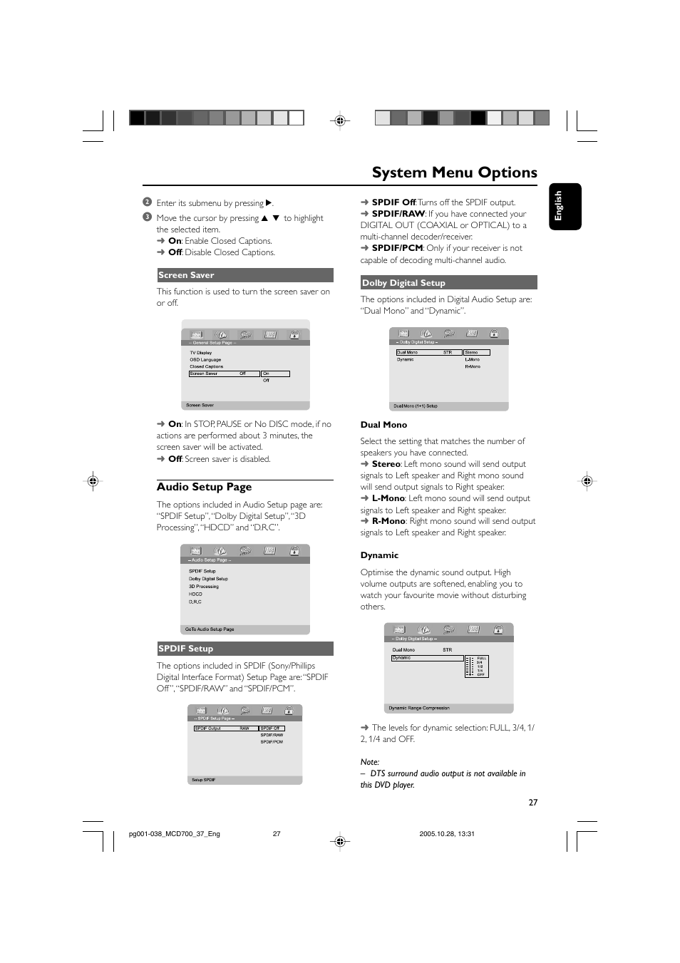 System menu options, Audio setup page | Philips MCD700-37B User Manual | Page 27 / 38