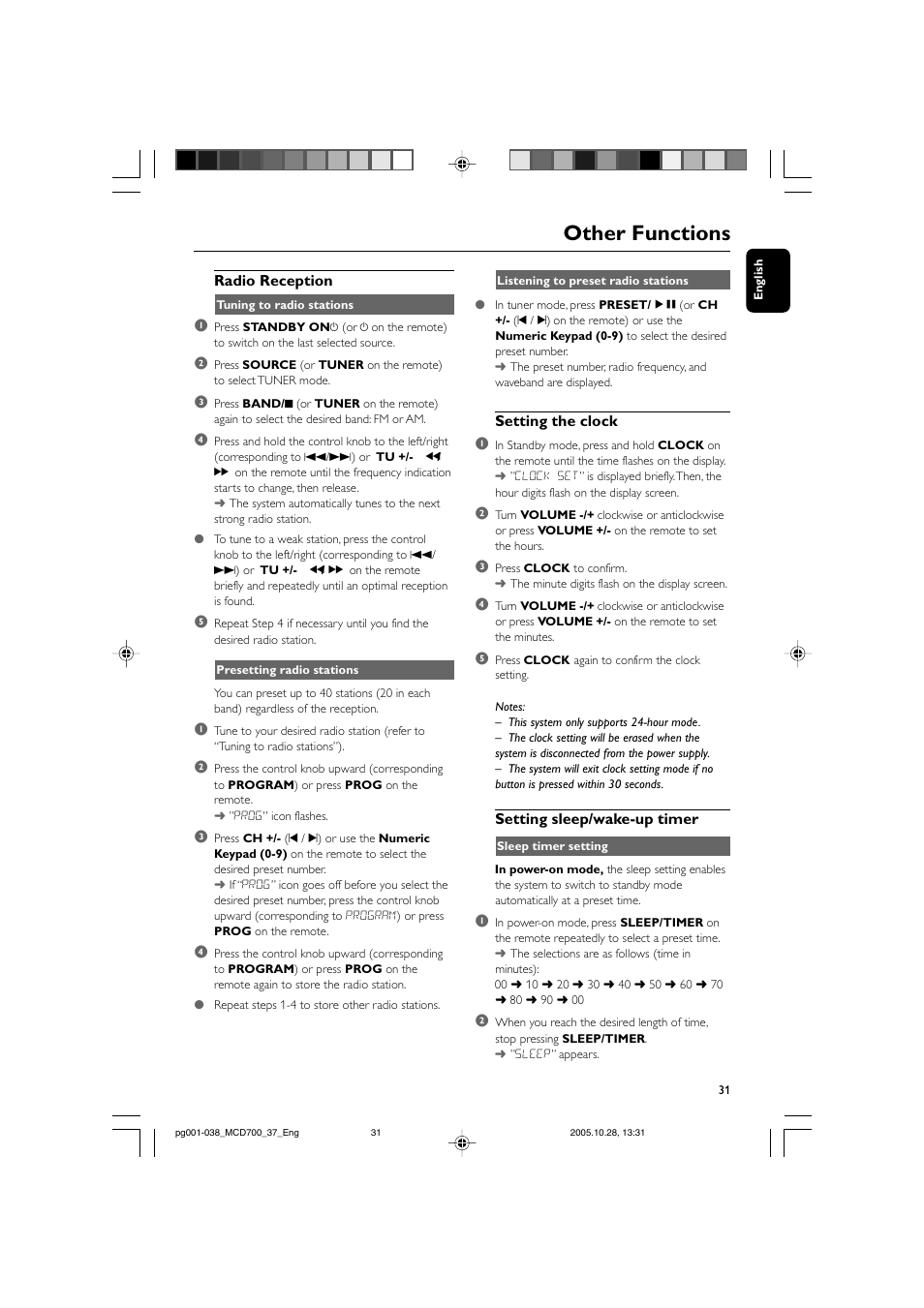 Other functions, Radio reception, Setting the clock 1 | Setting sleep/wake-up timer | Philips MCD700-37B User Manual | Page 31 / 38