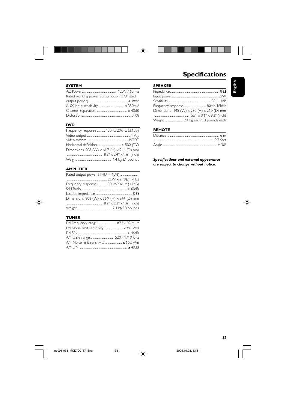 Specifications | Philips MCD700-37B User Manual | Page 33 / 38