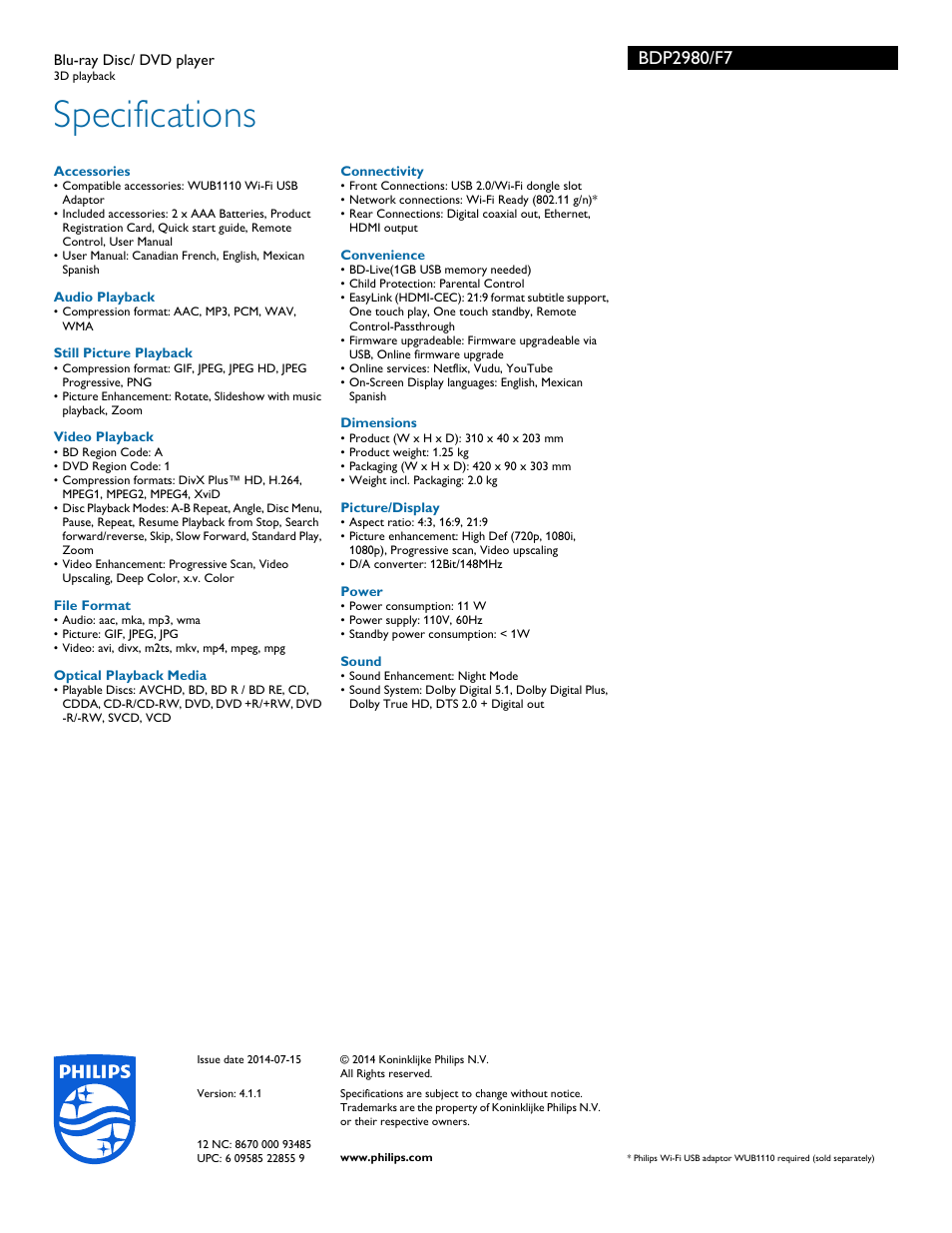 Specifications | Philips BDP2980-F7 User Manual | Page 3 / 3