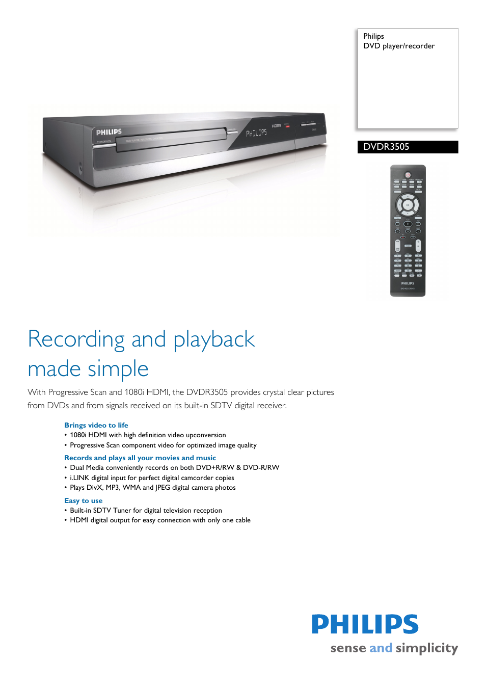 Philips DVDR3505-37B User Manual | 3 pages