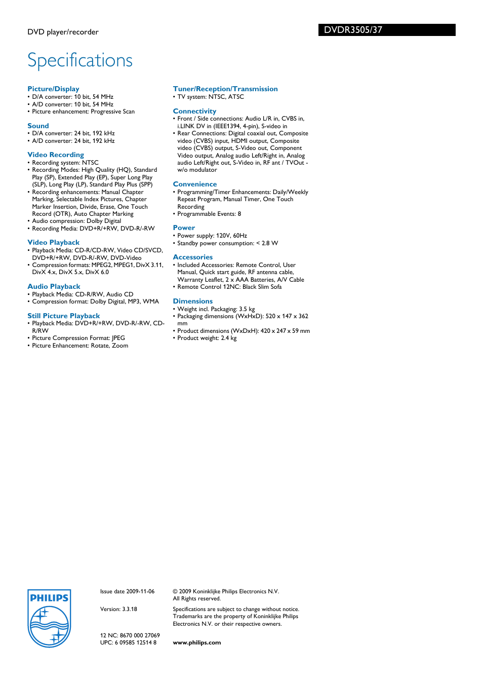 Specifications | Philips DVDR3505-37B User Manual | Page 3 / 3