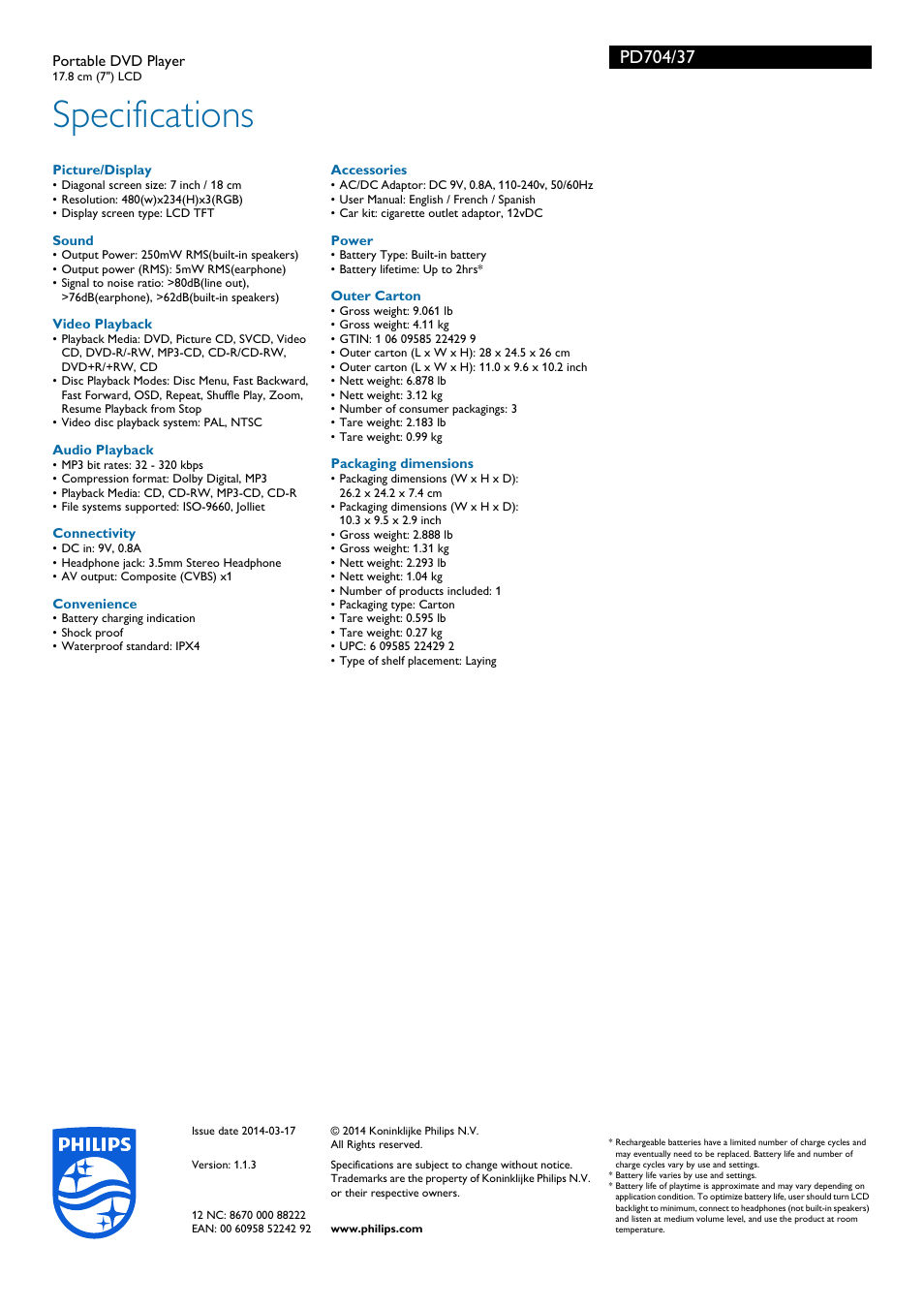 Specifications | Philips PD704-37 User Manual | Page 3 / 3