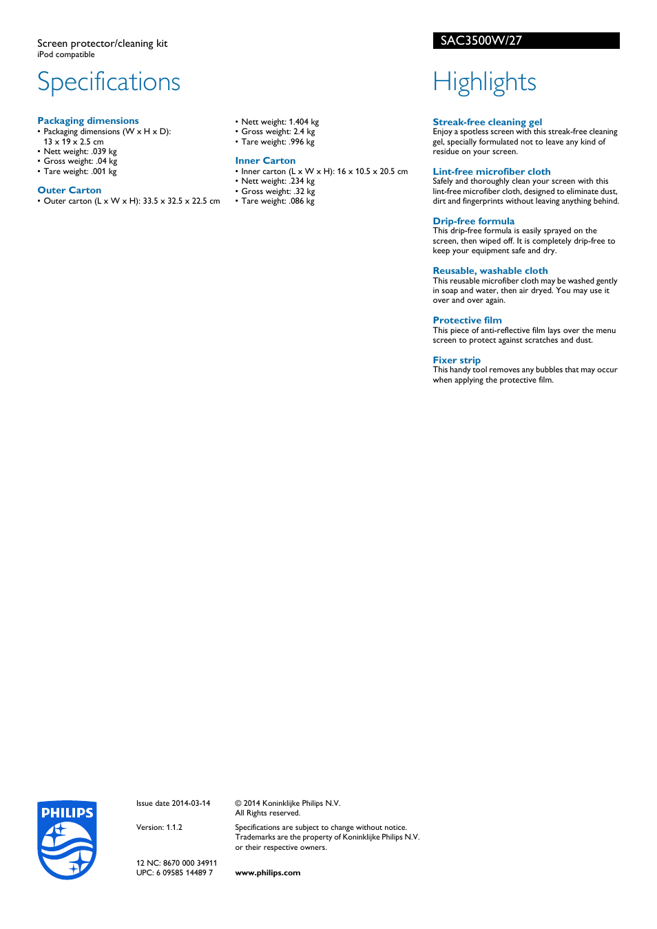 Specifications, Highlights | Philips SAC3500W-27 User Manual | Page 2 / 2