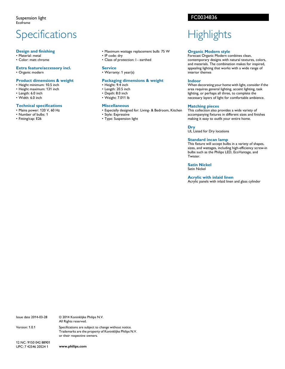 Specifications, Highlights | Philips FC0034836 User Manual | Page 2 / 2