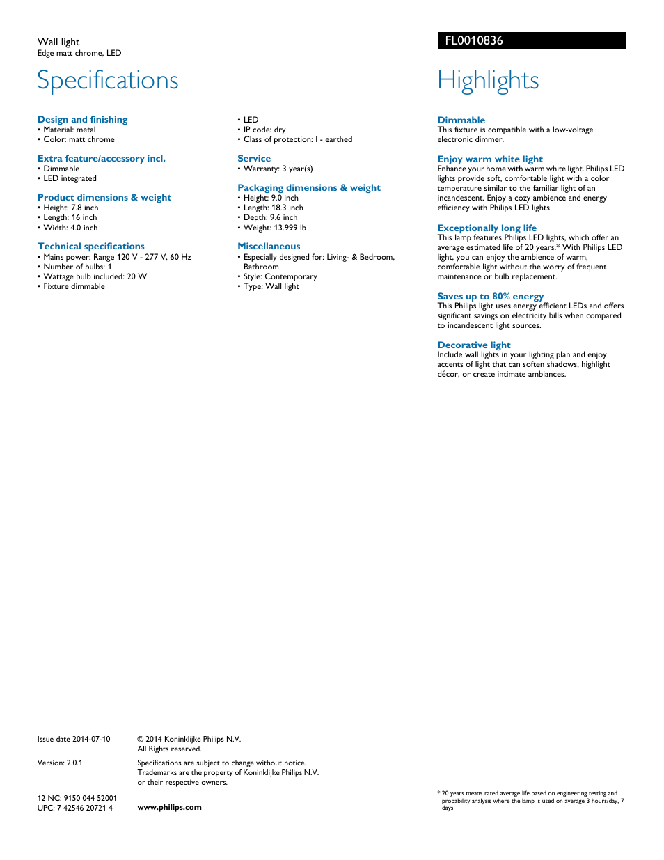 Specifications, Highlights | Philips FL0010836 User Manual | Page 2 / 2