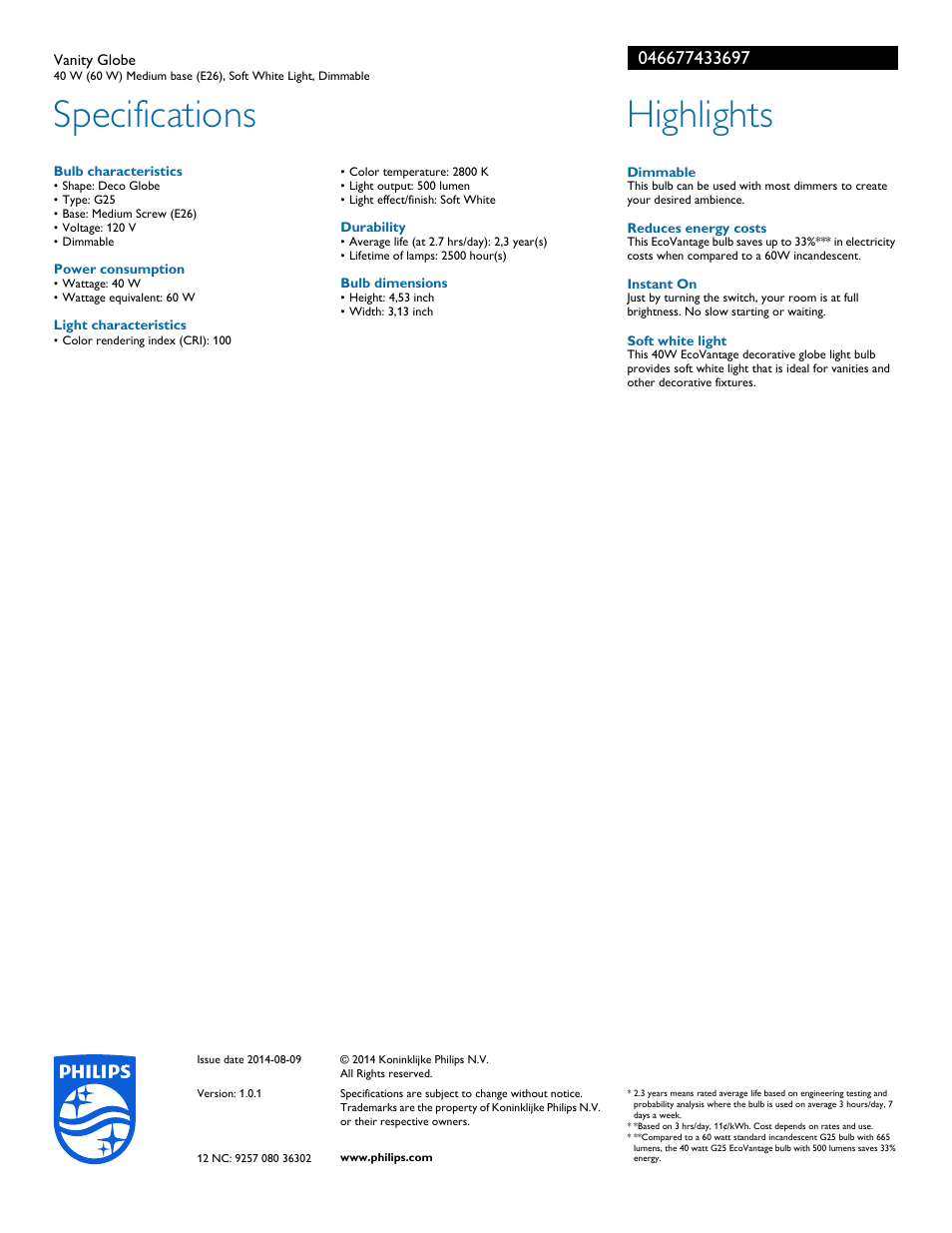 Specifications, Highlights | Philips 046677433697 User Manual | Page 2 / 2