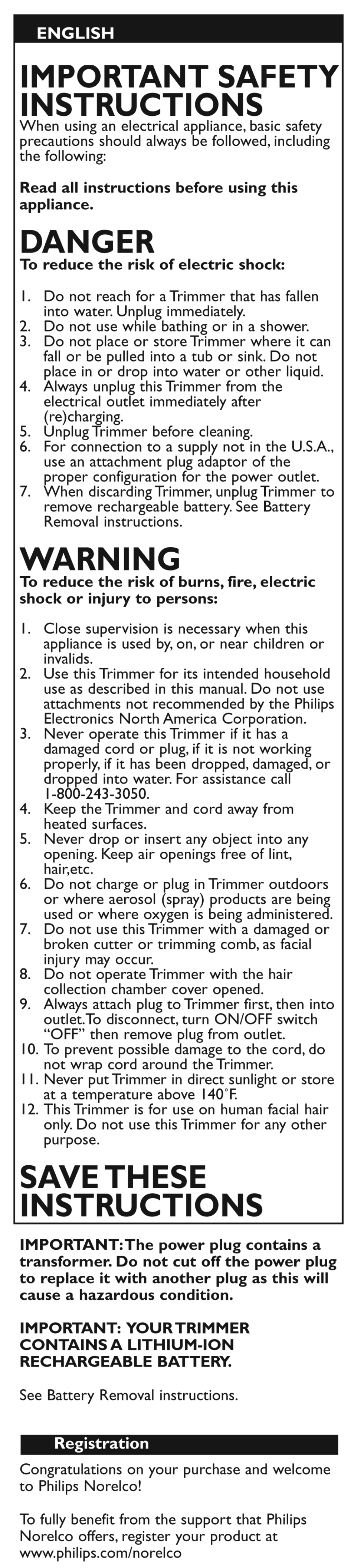 English, Read all instructions before using this appliance, To reduce the risk of burns, fire, electric | Registration, Important safety instructions, Danger, Warning, Savethese instructions | Philips QT4050-41 User Manual | Page 2 / 9
