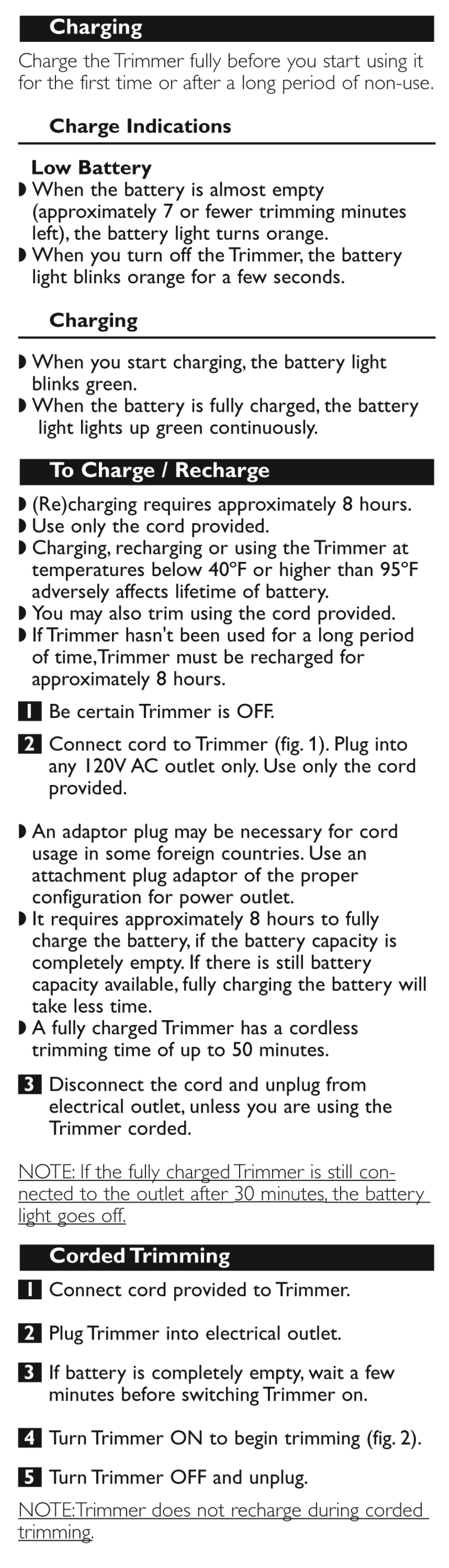 Charge indications low battery, Charging, To charge / recharge | Corded trimming | Philips QT4050-41 User Manual | Page 3 / 9