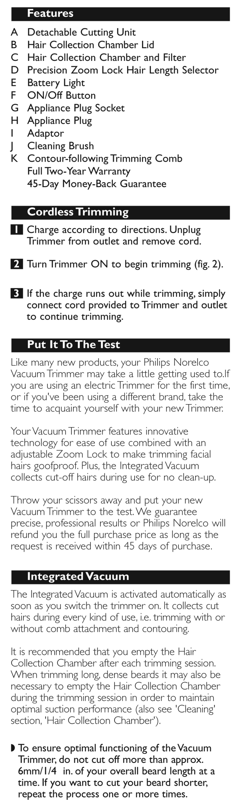 Cordless trimming, Put it to the test, Integrated vacuum | Features | Philips QT4050-41 User Manual | Page 4 / 9