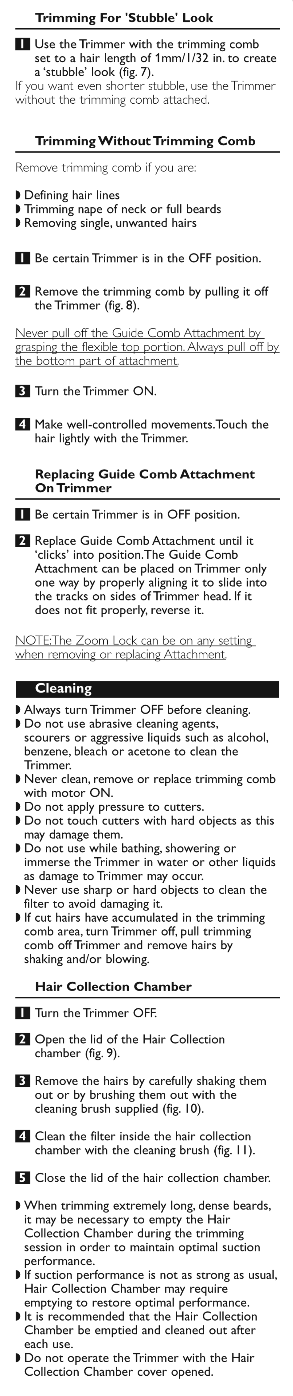 Trimming without trimming comb, Replacing guide comb attachment on trimmer, Cleaning | Hair collection chamber, Trimming for 'stubble' look | Philips QT4050-41 User Manual | Page 7 / 9