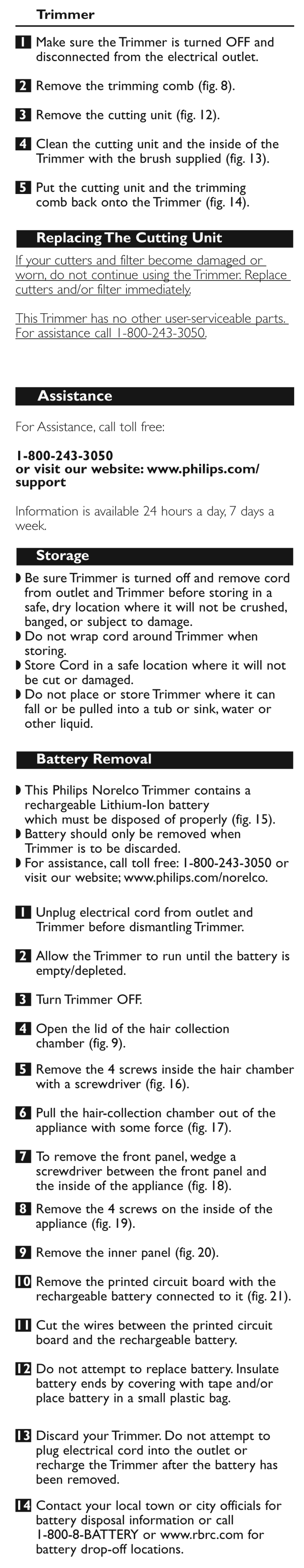 Replacing the cutting unit, Storage, Battery removal | Philips QT4050-41 User Manual | Page 8 / 9