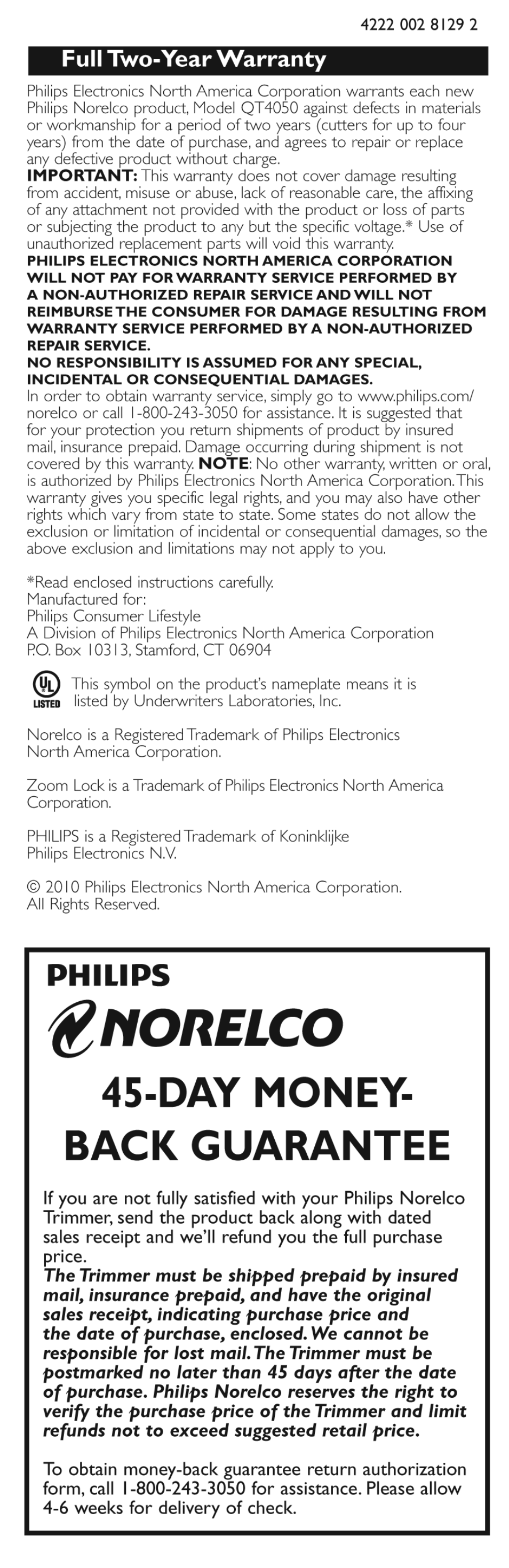 Full two-year warranty, Norelco, Day money- back guarantee | Philips | Philips QT4050-41 User Manual | Page 9 / 9