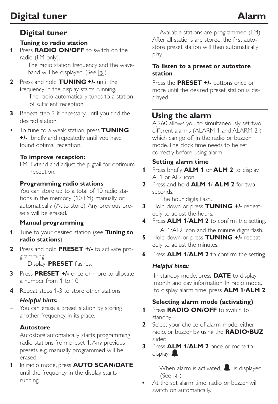 Digital tuner alarm, Digital tuner, Using the alarm | Philips AJ260-37 User Manual | Page 10 / 15