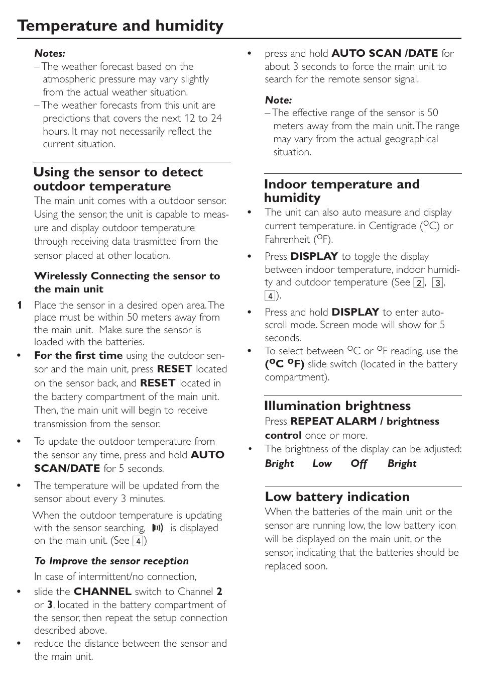 Temperature and humidity, Using the sensor to detect outdoor temperature, Indoor temperature and humidity | Illumination brightness, Low battery indication | Philips AJ260-37 User Manual | Page 12 / 15