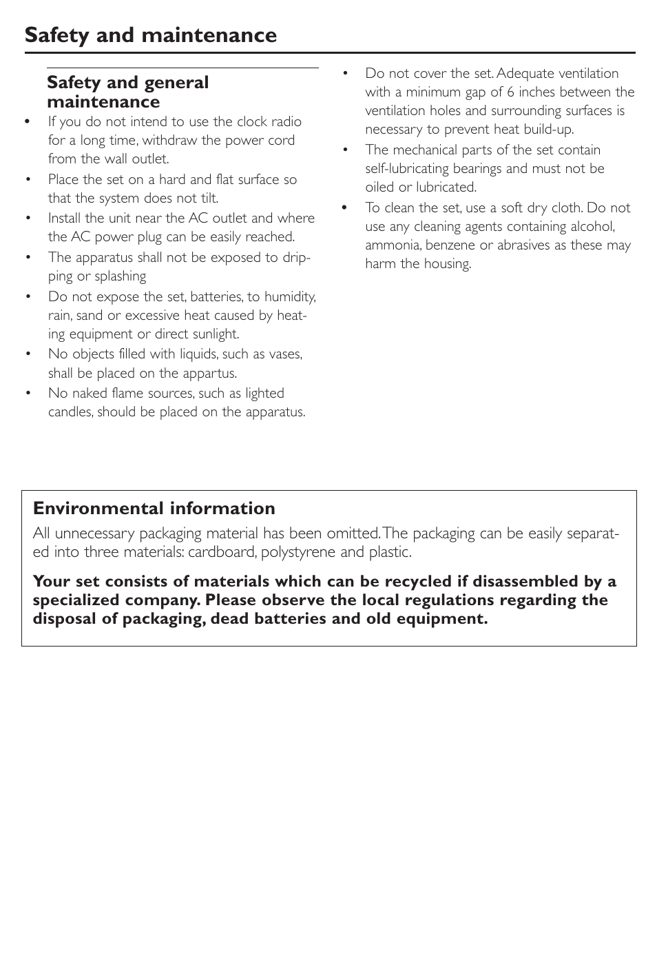 Safety and maintenance, Environmental information, Safety and general maintenance | Philips AJ260-37 User Manual | Page 13 / 15