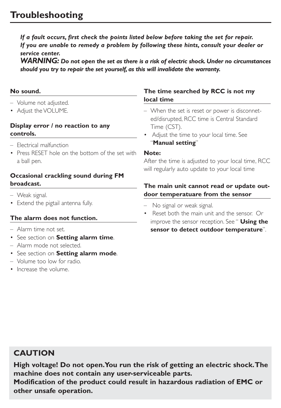 Troubleshooting, Warning, Caution | Philips AJ260-37 User Manual | Page 14 / 15