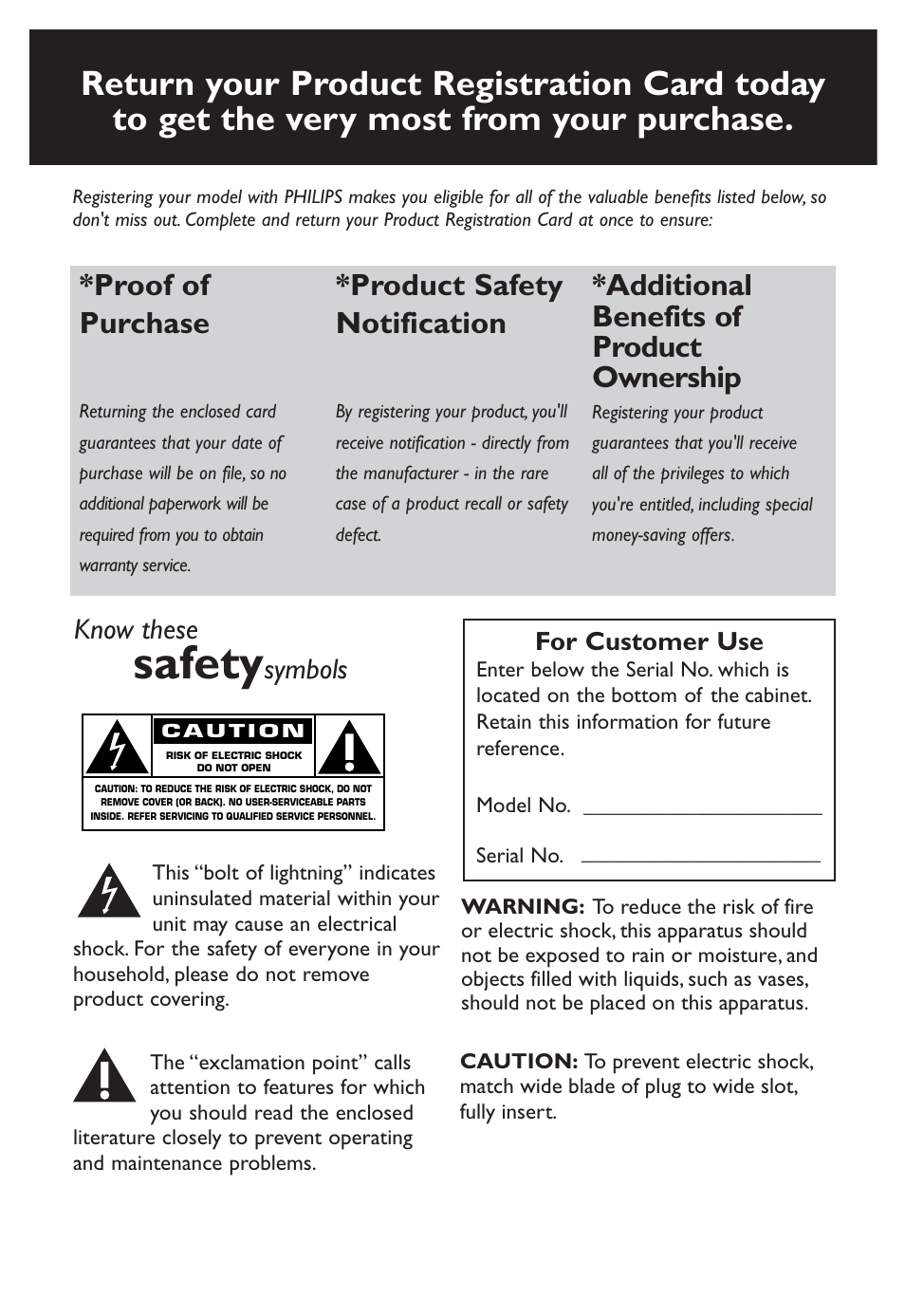 Safety, Proof of purchase, Product safety notification | Additional benefits of product ownership, Know these, Symbols, For customer use | Philips AJ260-37 User Manual | Page 3 / 15