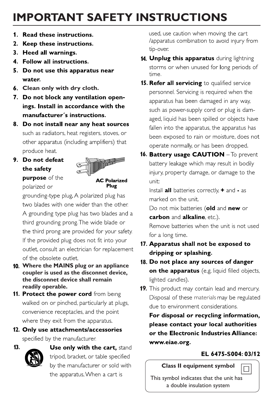 Important safety instructions | Philips AJ260-37 User Manual | Page 4 / 15