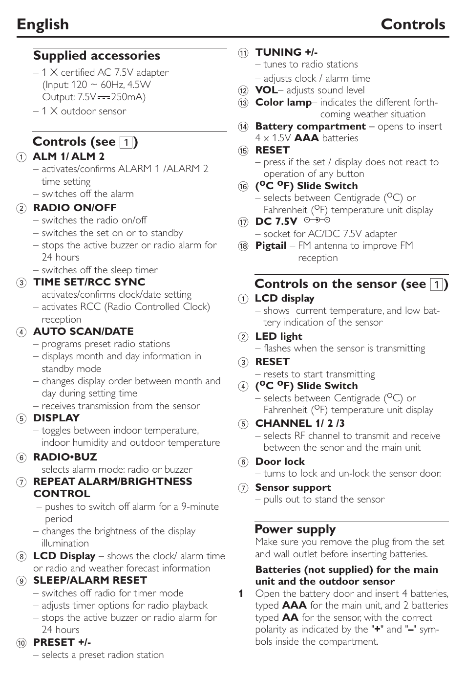 English controls, Supplied accessories, Controls (see 1 ) | Controls on the sensor (see 1 ), Power supply | Philips AJ260-37 User Manual | Page 8 / 15