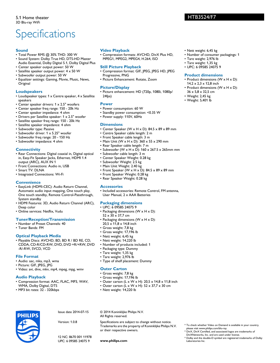 Specifications | Philips 5.1 Home theater HTB3524 3D Blu-ray WiFi User Manual | Page 3 / 3