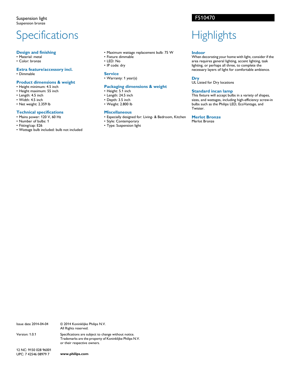 Specifications, Highlights | Philips F510470 User Manual | Page 2 / 2